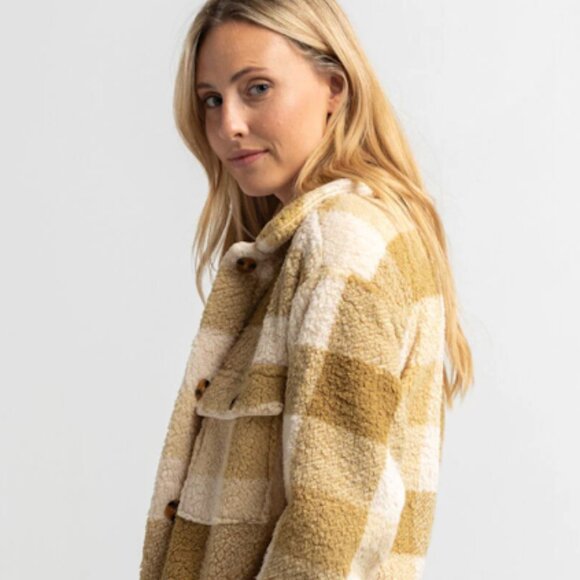 Billabong Fairbanks Fleece Jacket, Plaid Cream and Tan, Size XS - Picture 4 of 8